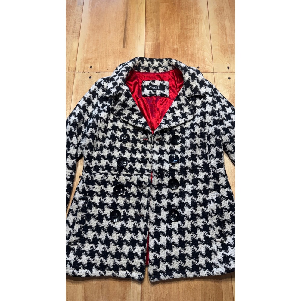 rue21 Womens Houndstooth Double Breasted Pea Coat Black White Wool Blend XL